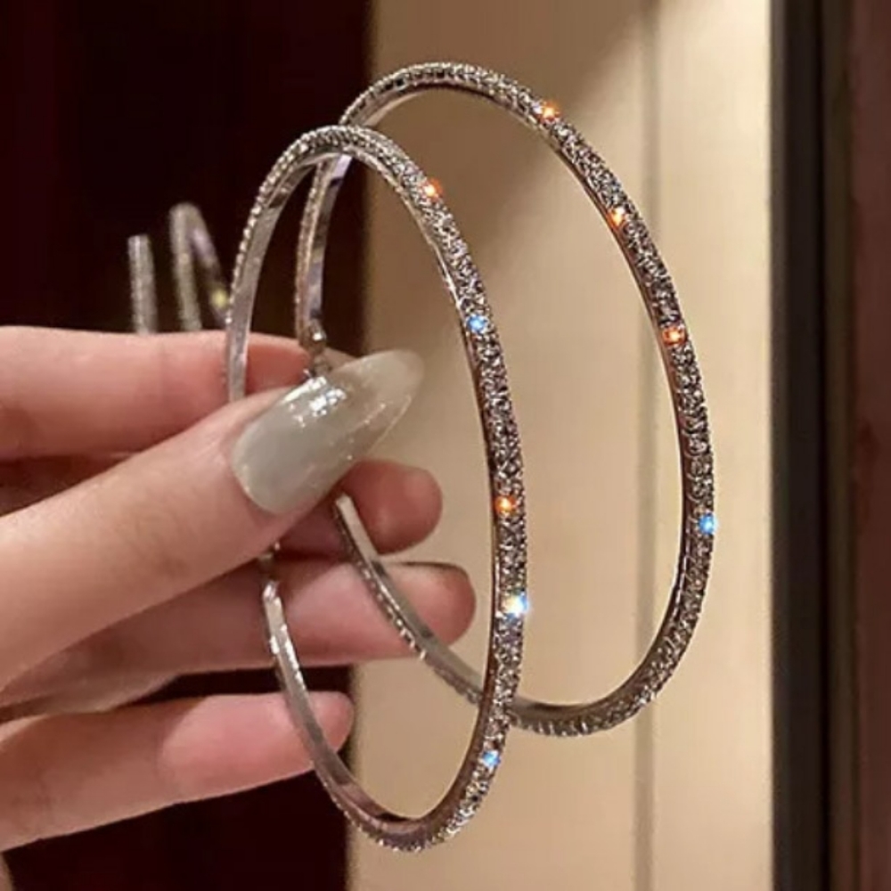 🎀3" Large Rhinestone Hoop Earrings - Picture 3 of 6